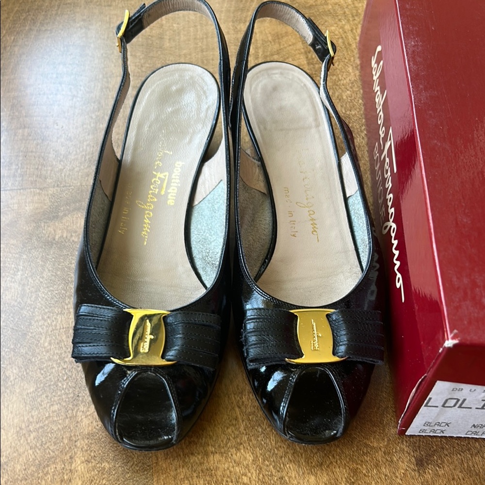 Salvatore Ferragamo Black Patent Peep Toe Slingback Shoes